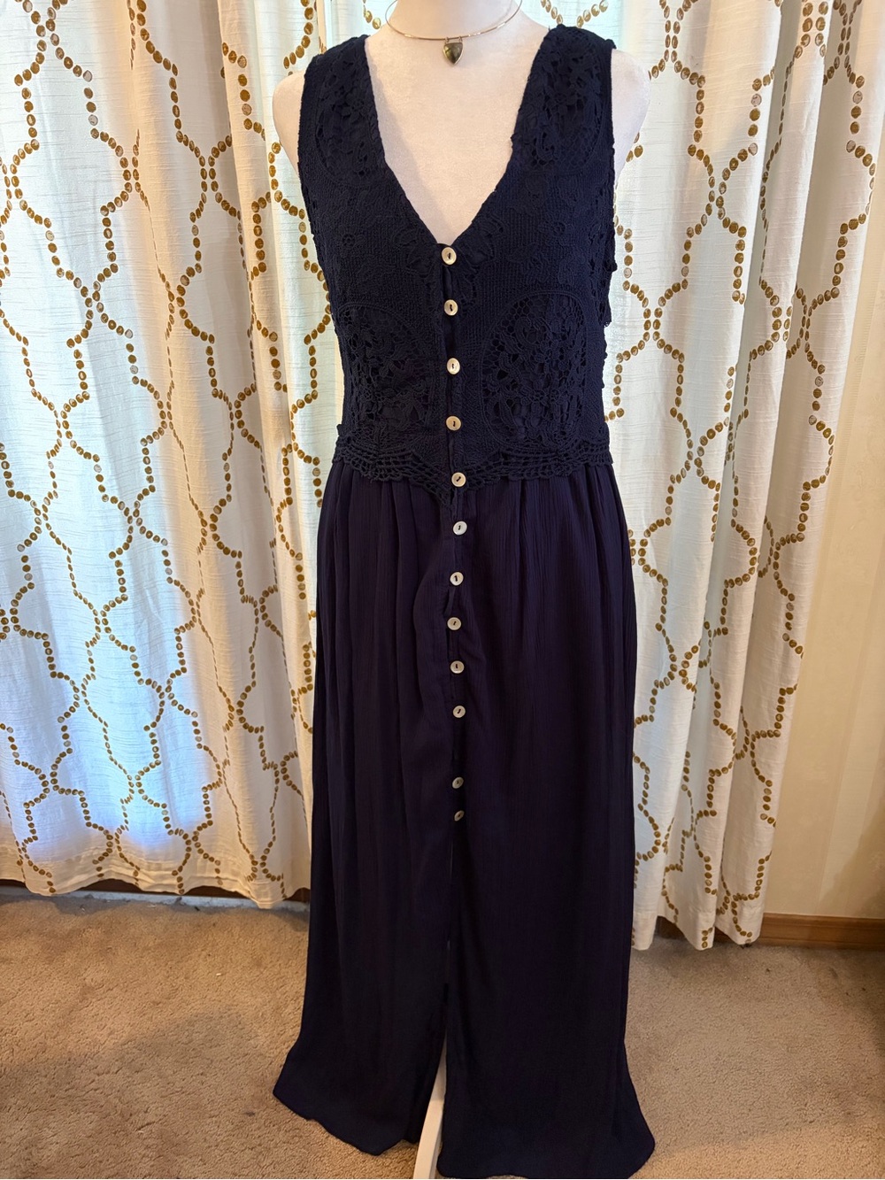 Crochet Button Front Maxi Dress bohemian Cottagecore vibe